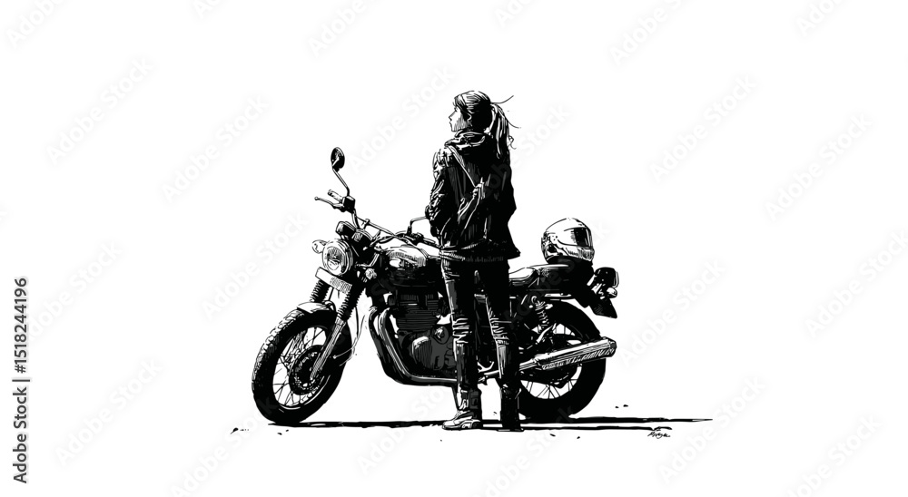Obraz premium Vector black silhouette of a motorcyclist next to a motorcycle .Generative AI