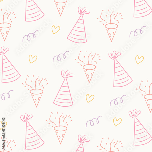 Seamless pattern with hand drawn birthday doodles. Festive party icons of hats, confetti, and streamers. Cute birthday design  for kids party invitations.