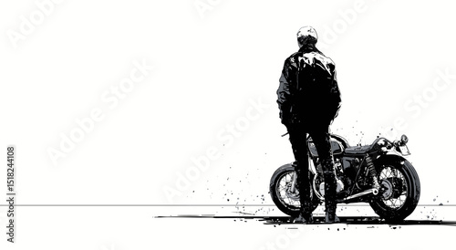 Vector black silhouette of a motorcyclist next to a motorcycle .Generative AI