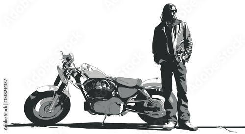 Vector black silhouette of a motorcyclist next to a motorcycle .Generative AI