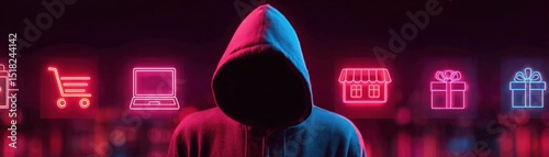 A hooded figure stands in front of neon icons representing online shopping, technology, and commerce in a dark, mysterious setting.