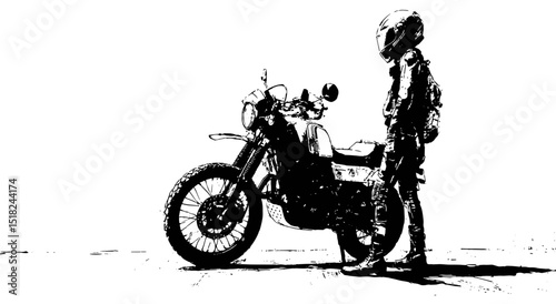 Vector black silhouette of a motorcyclist next to a motorcycle .Generative AI
