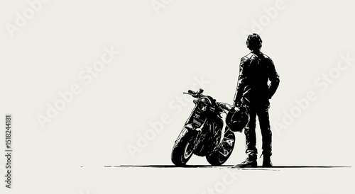 Vector black silhouette of a motorcyclist next to a motorcycle .Generative AI