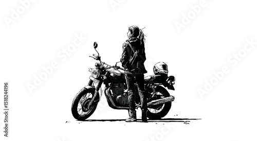 Vector black silhouette of a motorcyclist next to a motorcycle .Generative AI