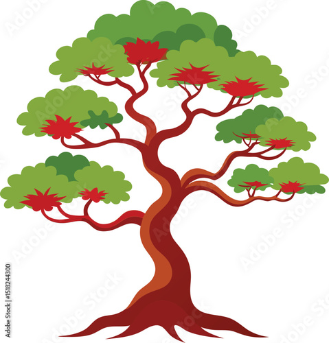 Vibrant Cartoon Japanese Maple Tree with Red and Green Foliage 