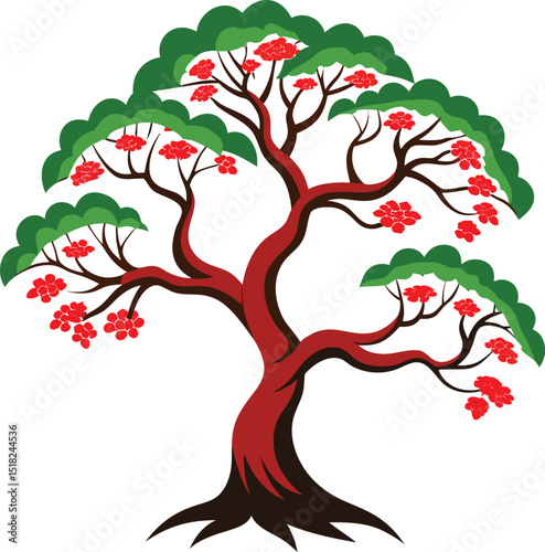 Vibrant Cartoon Japanese Maple Tree with Red and Green Foliage 