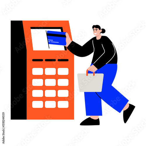 A flat style illustration showing a person doing atm transaction