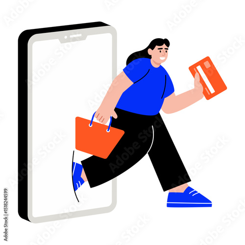 A flat style illustration showing a person doing online shopping