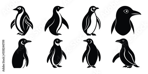 set of penguins silhouette on white background