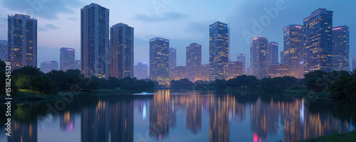 Hyderabad India cityscape at night with modern buildings reflecting in calm lake water. Skyscraper silhouettes dominate downtown urban landscape. Evening skyline, long exposure view.