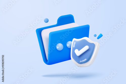 3d folder and paperwork for management file with shield protection, document organization work on project. Document with secret files icon. 3d folder secure protect icon vector render illustration