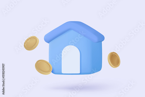 3D vector real estate and coin stack on background. money saving to loan house, property concept of financial, money investment. 3d house vector icon render illustration