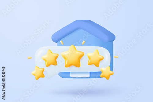 3D icon sign residence for personal loan with rating stars for best excellent services. Review for quality customer feedback from client employee. 3d mortgage housing icon vector render illustration