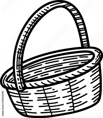 Wicker basket illustration with handle, hand drawn line art traditional empty container for carrying goods