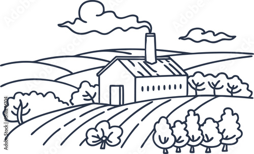 Rural farmhouse surrounded by fields and orchards countryside scene with trees, hills, and smoke from chimney
