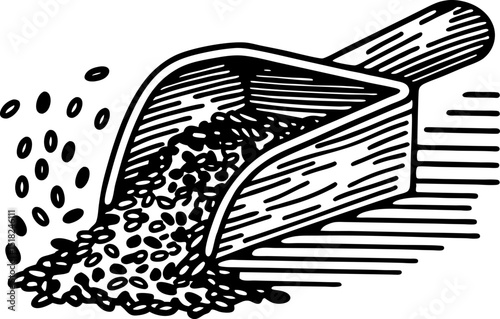 Hand drawn scoop overflowing with sesame seeds black and white vintage engraving, organic ingredient illustration