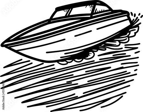 Speedboat skimming over water, linear sketch illustration fast motorboat movement, marine transport concept