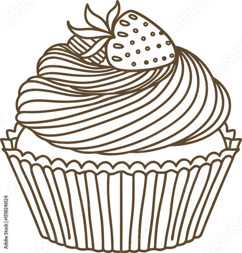 Strawberry cupcake illustration decorative dessert with swirled frosting, fruit topping, sweet bakery treat, elegant pastry design