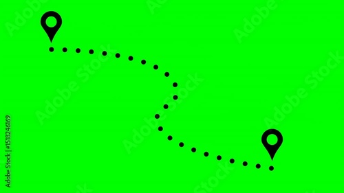 Animation of a path from one point to another. Goal concept. Dotted line. Green screen. 4K Two Location Point Connection with Lines. Map show location and pl en moving 