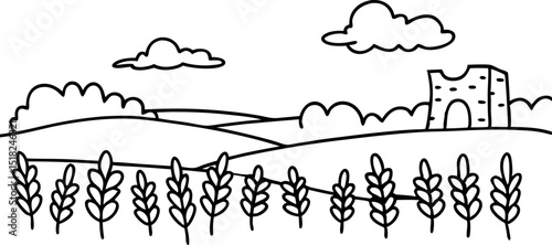 Wheat field countryside landscape outline rural hills, cloudy sky and old ruined building or castle wall