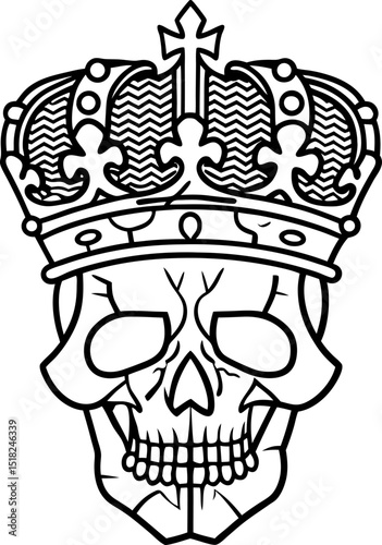 Royal crowned skull illustration monochrome human skull with ornate crown, detailed line art, gothic tattoo motif