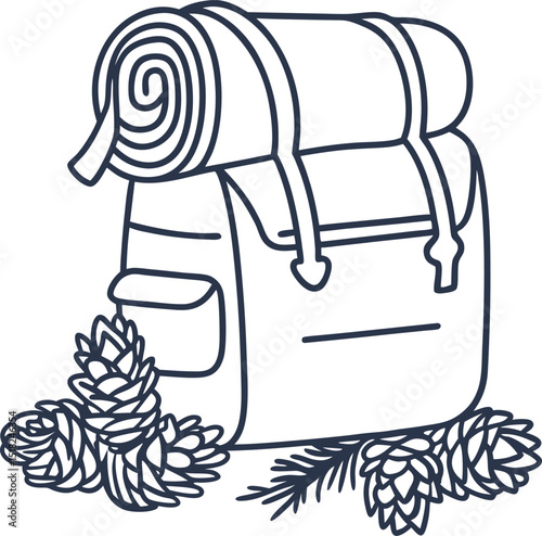 Camping backpack with rolled sleeping mat and pinecones outdoor adventure, hiking travel equipment illustration