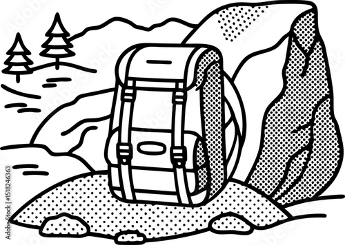 Backpack resting on rocky ground in mountainous outdoor landscape, adventure travel hiking exploration scene