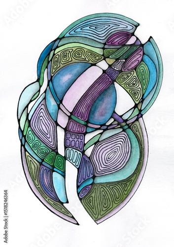 An abstract illustration reminiscent of stained glass or organic mosaic. Inside the black outlines are curved shapes painted with watercolor tints: from soft purple and blue to rich green and turquois