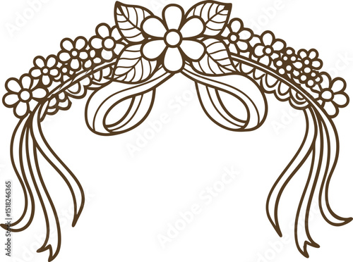 Floral crown outline with ribbon, botanical decorative element, hand drawn vintage for design and coloring