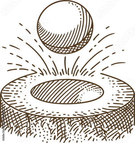 Bouncing ball above circular hole, dynamic motion, energy, movement, impact illustration, sketch