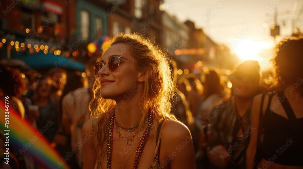Fototapeta premium Golden Hour Bliss: Pride Parade Participants Relaxing and Laughing at Sunset with Rainbow Accessories