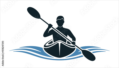 Kayaking Silhouette Vector. Man Paddling Canoe on Water Illustration.