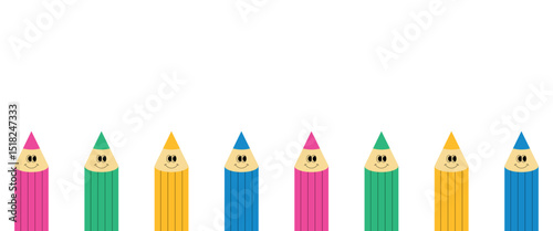 Horizontal background with cute smiling pencils. Colored pencils. Soon to school, funny stationery. Vector illustration.