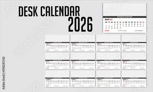 Modern minimalist desk calendar design 2026, fully editable & ready to use, elegant and professional desk calendar template for print, perfect for office or home use.