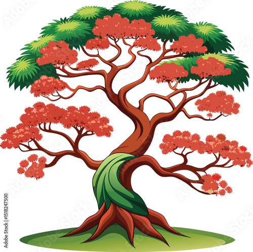 Vibrant Cartoon Japanese Maple Tree with Red and Green Foliage 