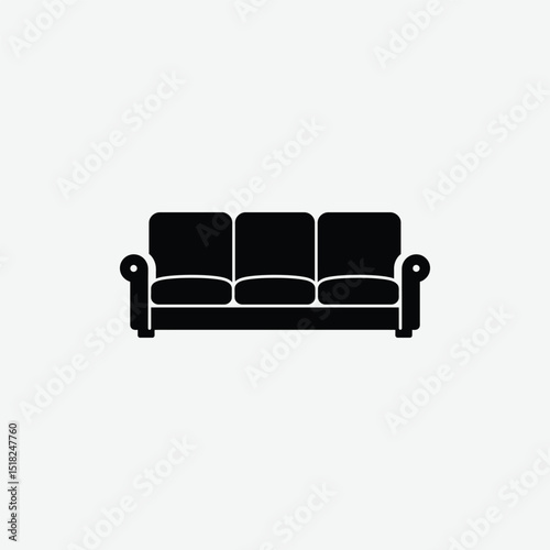Simple black silhouette of a three-seater couch in front view. Minimalist, clean, flat icon style on white background