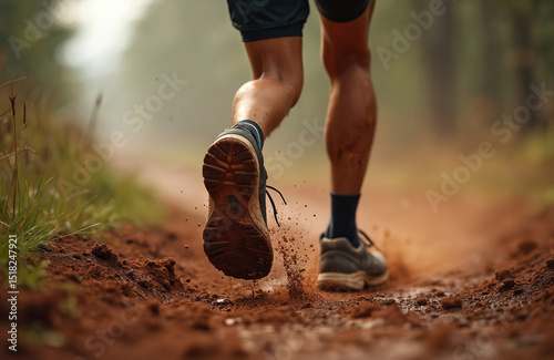 Close up legs of runner on muddy trail. Running in nature, trail runner exercise. Trail running, a sport, lifestyle. Athlete shoes with mud. Outdoor activity, cardio training for health.