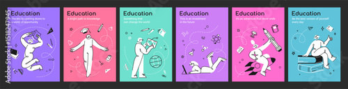 Abstract school poster. Education card. People study on university training. Book icon. Business exam. Course idea in science. College graduation. Library textbook. Vector banners set