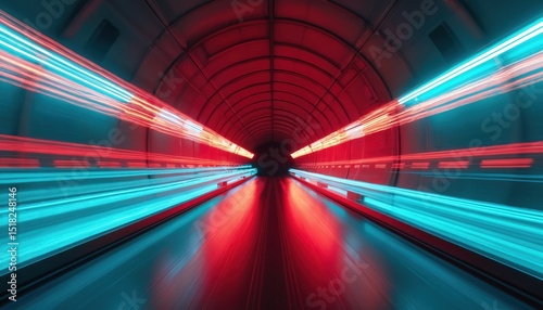 Abstract tunnel with red and blue light trails. Zoom movement, long exposure. Futuristic highway, vehicle acceleration, creating velocity, high speed, transportation technology.