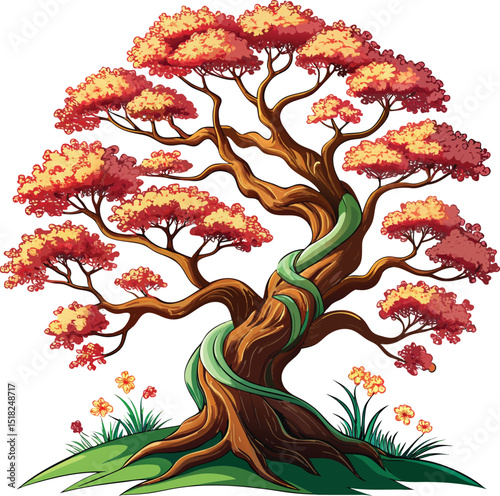 Vibrant Cartoon Japanese Maple Tree with Red and Green Foliage 