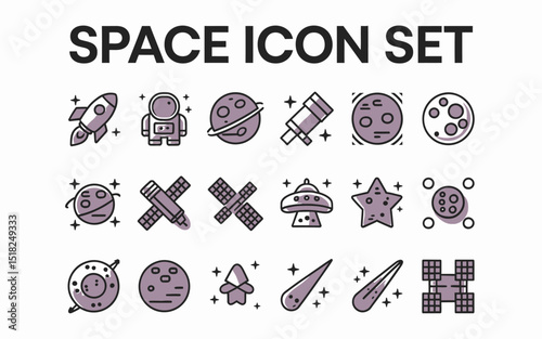 Space Icons Set Astronaut Rocket Planets Stars Moon Satellite UFO Galaxy Nebula Cosmic Exploration Universe Design Elements Cartoon Style Colorful Flat Vector Illustration Graphic Design sky sun solar