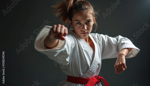 Young caucasian female taekwondo fighter in action. Portrait of focused woman with red belt, punching, ready to strike in studio. Combat sport martial art.