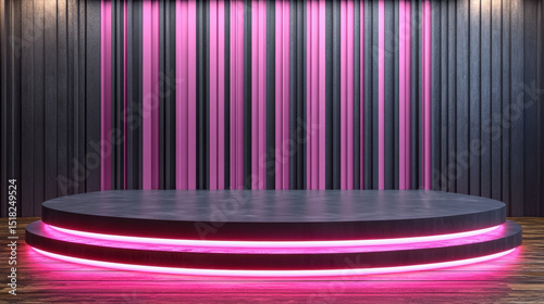 A modern empty stage featuring vibrant pink neon lights and a striped wall, ideal for creative presentations or performance events, showcasing elegance and style