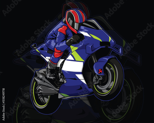 A man riding a motorcycle with the word on the front