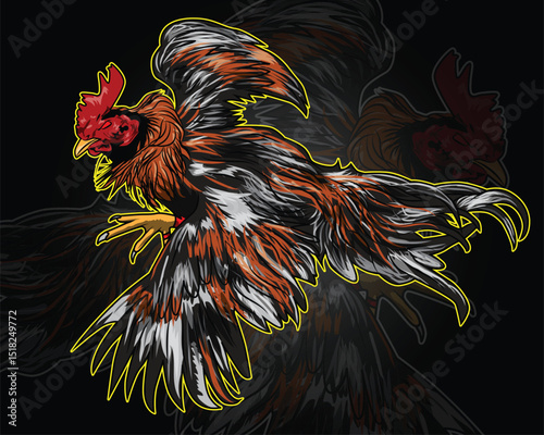 A rooster with a red tail and a white tail is flying in the air.