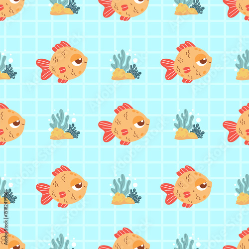 Seamless Sea Pattern. Cute tropical small fish and Plant algae on checkered Light Blue Background. Vector Illustration. Kids collection