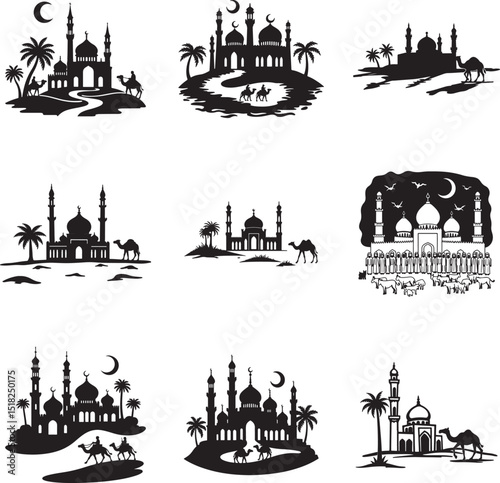 Silhouettes of Mosques with Islamic Elements and Desert Scenes