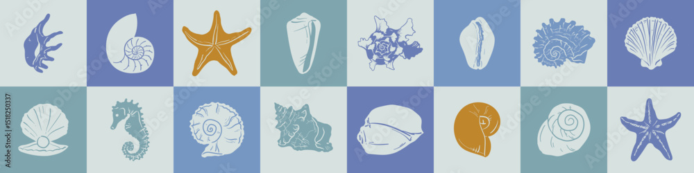 Fototapeta premium Colorful pastel blue boho sea shell set. Hand drawn drawing illustration for logo, print, menu.Summer beach ink doodle elements. Vector coastal marine design icons.Clam, conch, cockle, scallop shells.