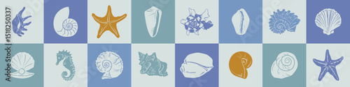 Colorful pastel blue boho sea shell set. Hand drawn drawing illustration for logo, print, menu.Summer beach ink doodle elements. Vector coastal marine design icons.Clam, conch, cockle, scallop shells.