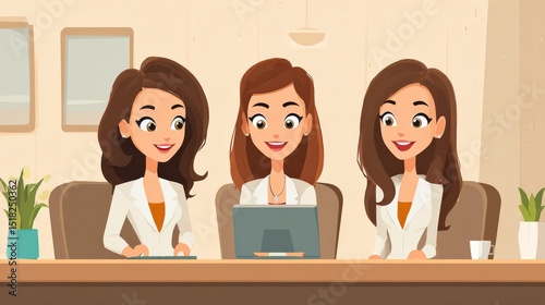Three women in business attire happily collaborate at a desk with a laptop in a modern office setting.